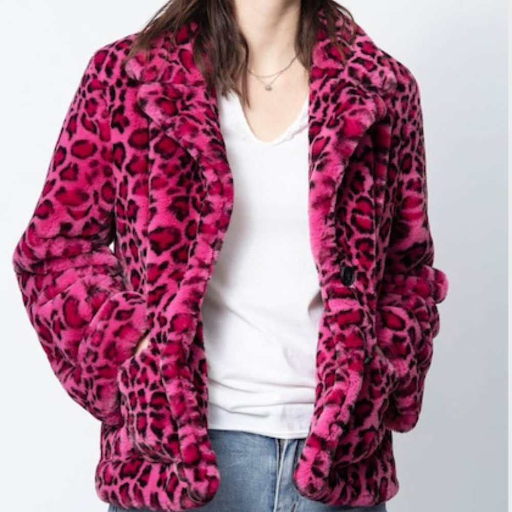 Zadig & Voltaire Lila Pink Leopard Faux Fur Coat